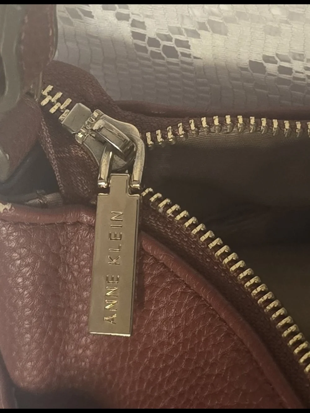 Anne Klein Cognac Brown Pebbled Faux Leather Crossbody Purse with Lion Logo